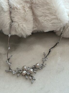 Silver Pearl and Crystal Branch Necklace - Women Jewelry